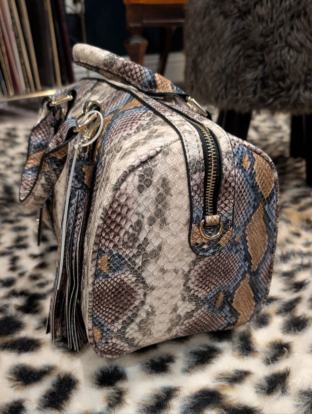 Snake-Print Satchel Bag in Beige & Blue with Tassel - Steve Madden - Picture 2 of 6